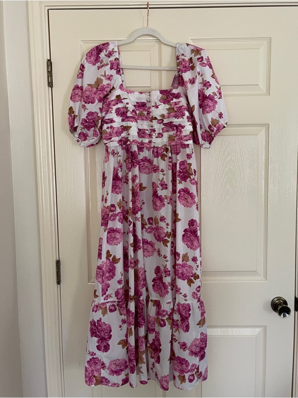 Crystal Doll Pink and White Floral Maxi Dress with Puff Sleeves